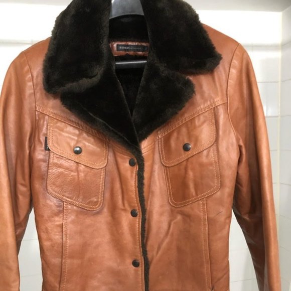 WOMANS RUDSAK RARE CHIC LUXURY CLASSIC LEATHER FUR PATROL JACKET SIZE LARGE - Picture 1 of 12